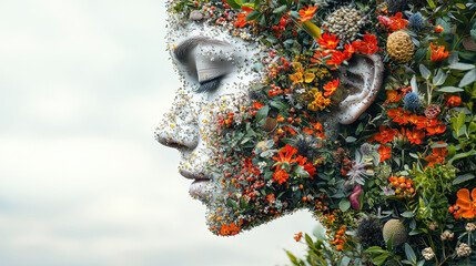 Creative collage showcasing a face formed with allergy-related elements like pollen and food, blending art with information on allergies