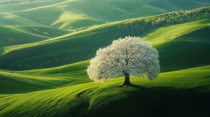 Solitary blooming tree on rolling green hills at sunrise, idyllic landscape, nature photography