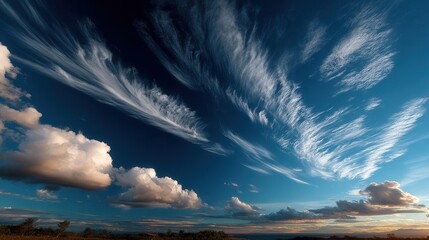 Peaceful dramatic cloud formations across vast blue sky