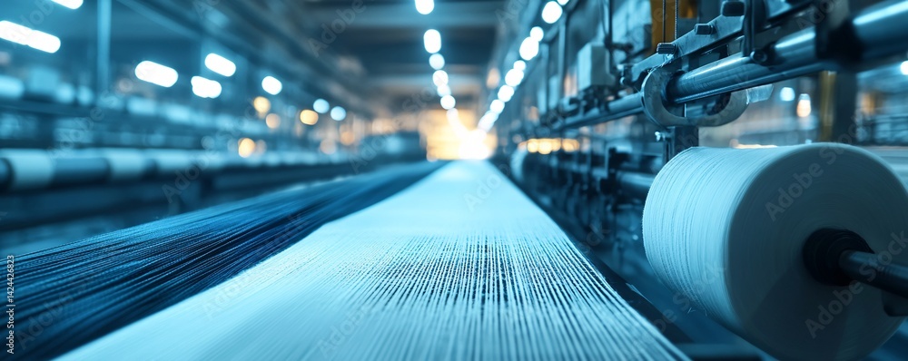 Poster Industrial textile factory weaving machine producing threads from spools