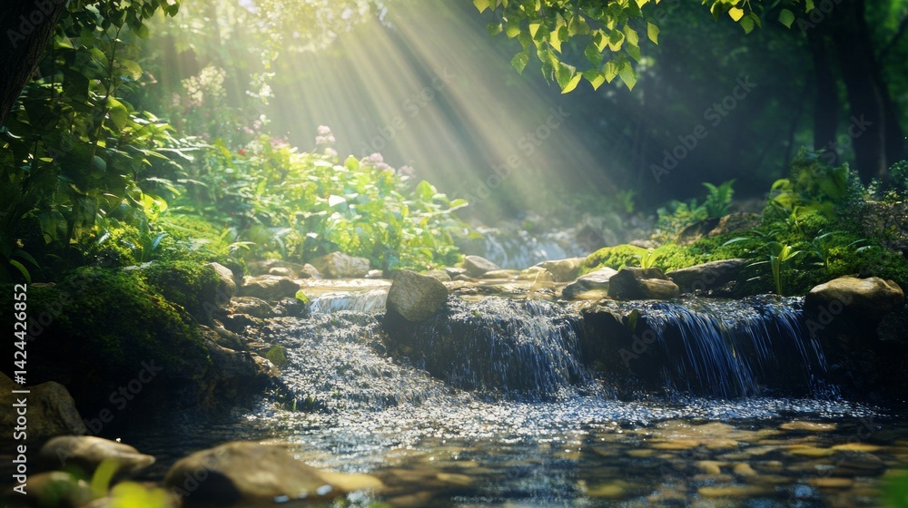 Poster forest stream with sunrays piercing through trees