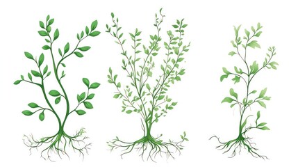 Growing plants, roots, green leaves, white background, botany illustration, gardening