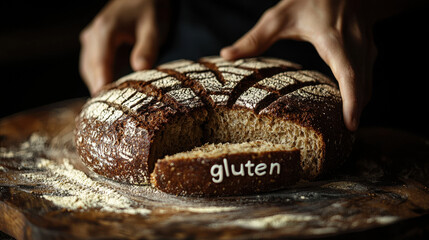 Close-up of a hand tearing fresh bread, highlighting gluten concerns at the fracture point