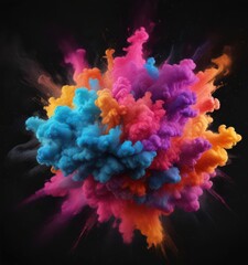 Fototapeta premium Vibrant powder cloud bursts, swirling colors against black backdrop, festival, abstract