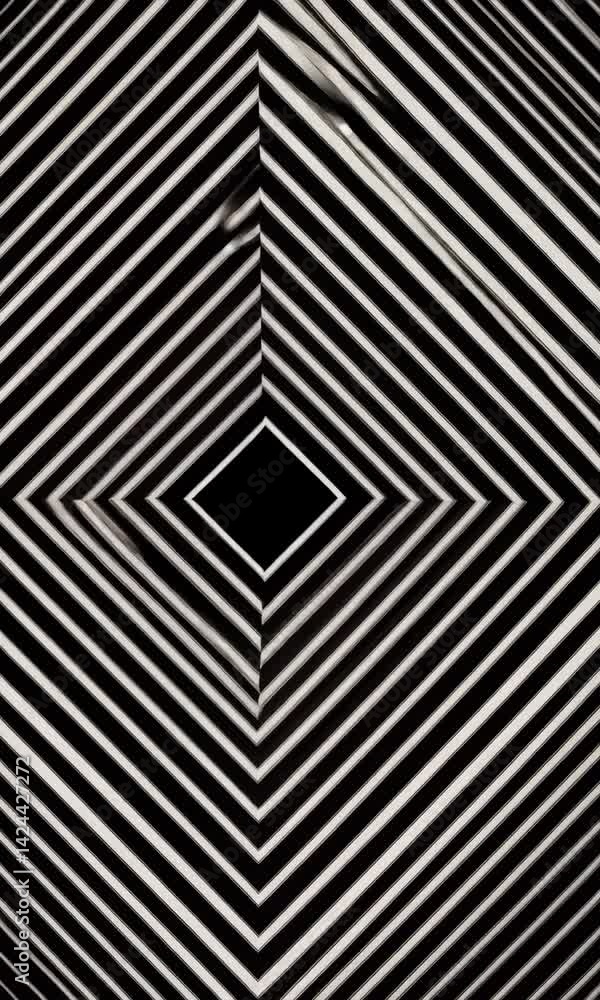 Poster visual exploration of dynamic geometric patterns with black and white striped design enhancing depth