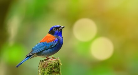 Colorful blue and red bird perched on mossy branch in vibrant natural setting
