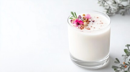 Creamy, subtly spiced drink garnished with edible flowers and herbs