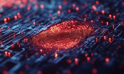 Intricate digital fingerprint design illuminated against a circuit board background in a futuristic setting