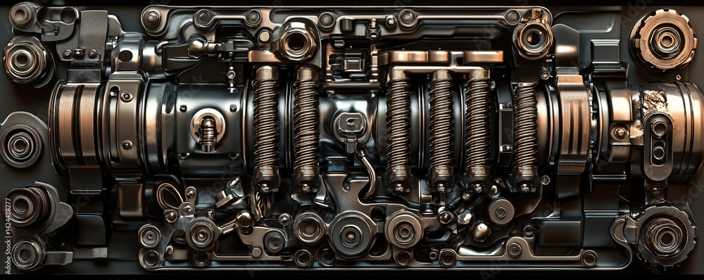 Poster complex metallic engine structure with springs and pistons