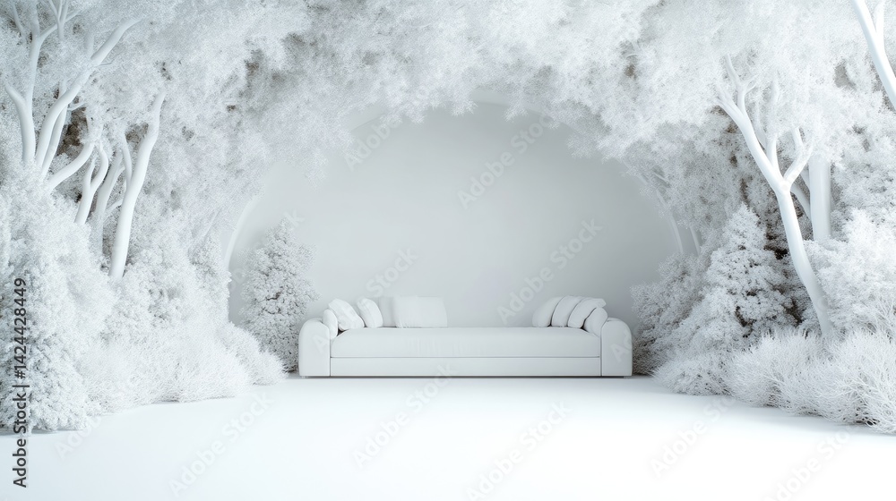 Poster white sofa winter trees minimalist style high-resolution soft lighting centered wide shot clean line