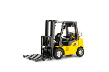 Yellow forklift isolated on white background. Logistics concept. Logistics and supply chain...