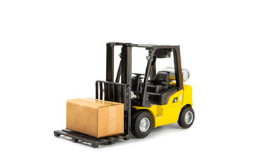 Yellow forklift isolated on white background. Logistics concept. Logistics and supply chain management for online shopping concept. Delivery of goods or products to the store worldwide. Cardboard box.