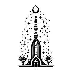 Mystical Mosque Silhouette under Crescent Moon and Stars
