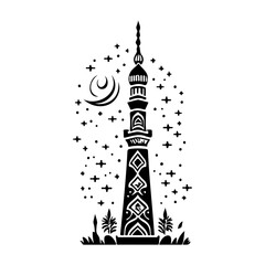 Minaret Silhouette with Moon and Starry Night