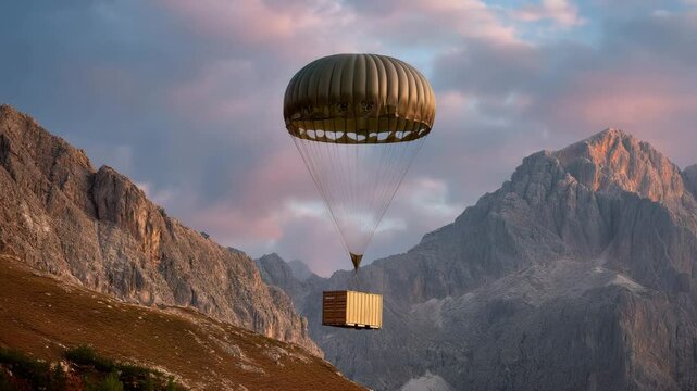 Military Cargo Parachute Descent Container Delivery Over Majestic Mountains and Stunning Landscape Under Sky