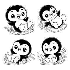 A chibi penguin is skating on ice with a happy expression. Bundle