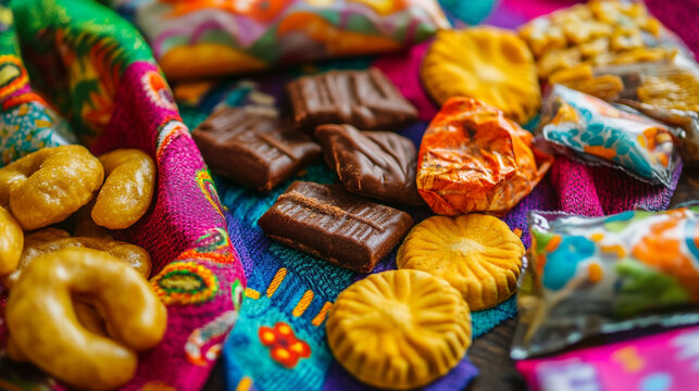 Different international snacks unwrapped on a colorful cloth