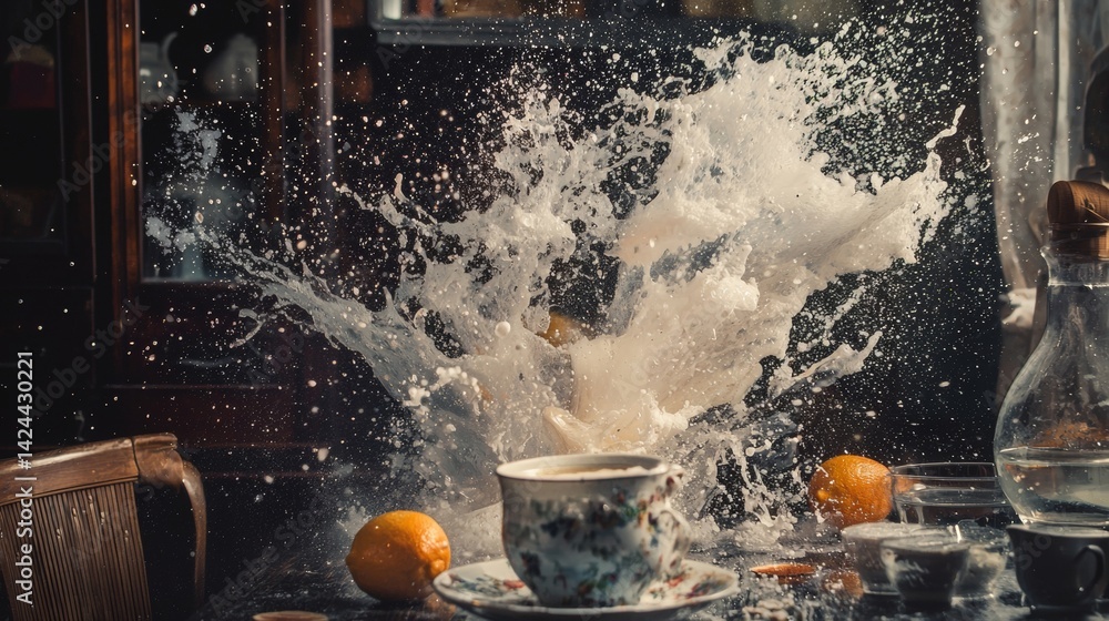 Poster exploding splash from glass with citrus and kitchen elements