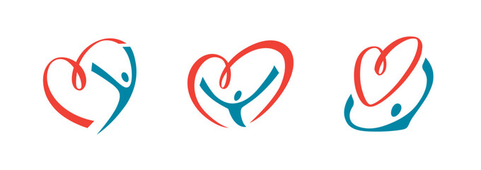 Health care, wellness logo with abstract human figure and heart shape. Medical help or support, healthy lifestyle, love symbol. Set num.2