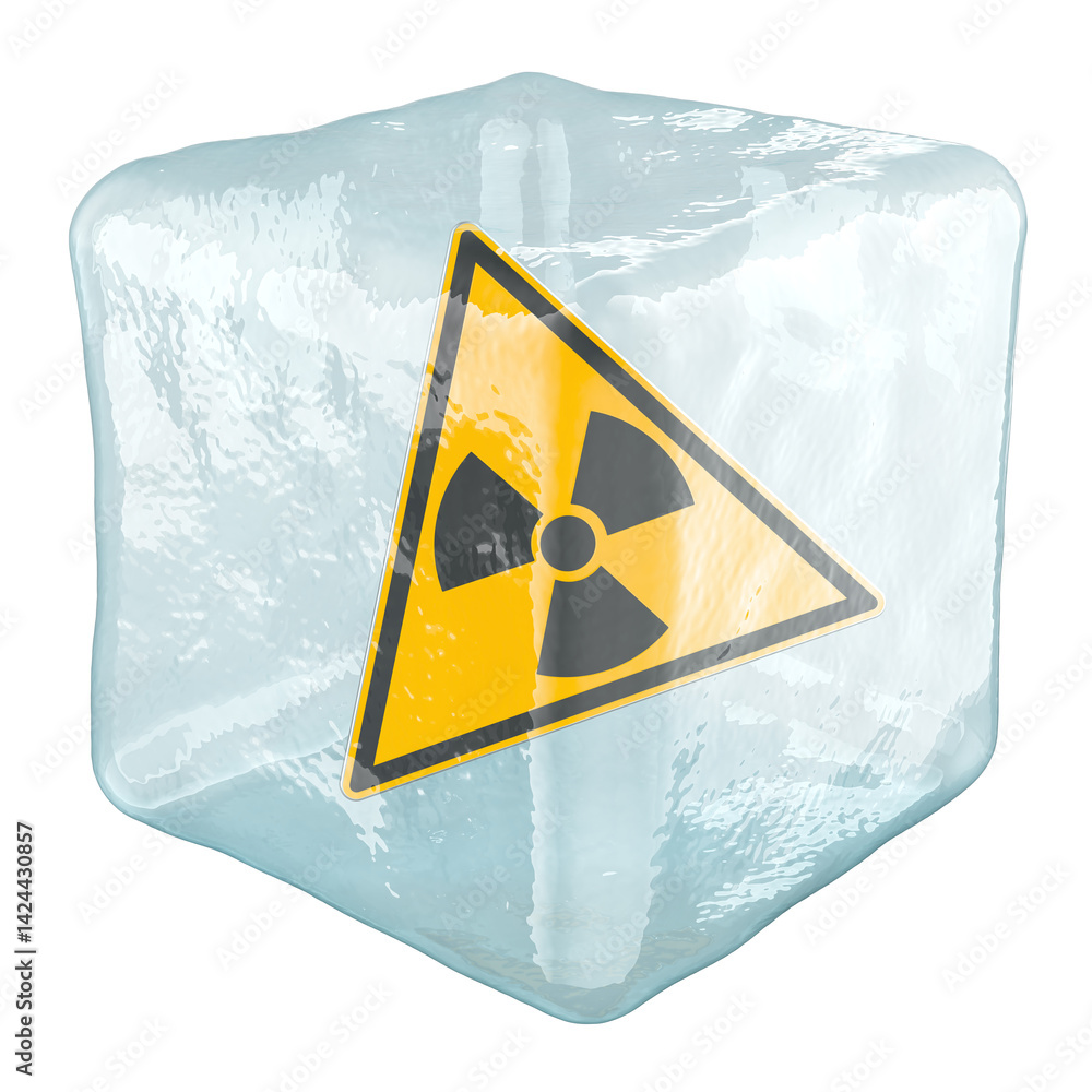 Poster preventing nuclear disaster, concept. nuclear sign frozen in ice cube, 3d rendering isolated on tran