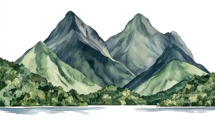 Watercolor mountain landscape overlooking a lake
