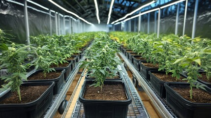 Fototapeta premium Cannabis plants growing in a greenhouse with led lights