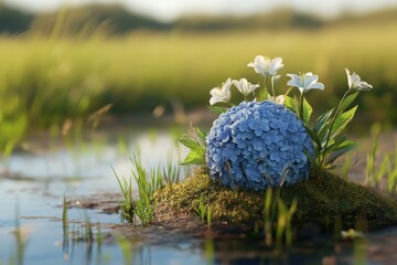 Delicate hydrangea sphere nestled in a mossy meadow by a tranquil pond.