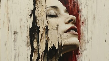 Woman, red hair, through cracked wooden wall, moody portrait
