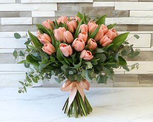Pink Tulips Bouquet on Stone Wall
