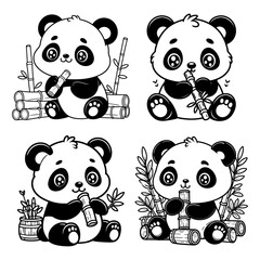 Kawaii style panda sitting while eating bamboo. Bundle
