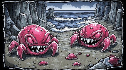 Pink monster crabs clash on rocky beach, stormy ocean background