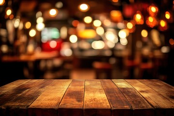 Wooden table in a dimly lit restaurant