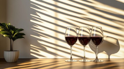 Three wine glasses, sunlight shadows, interior, home