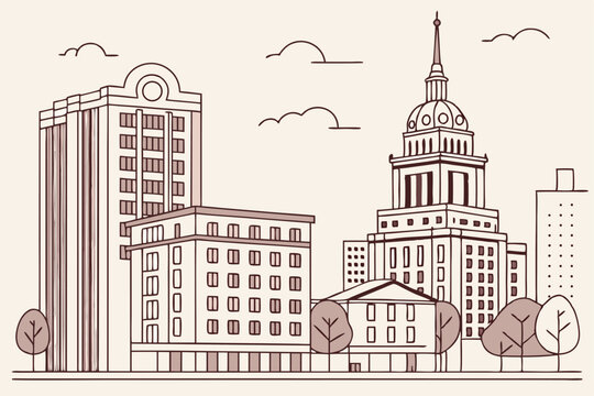 28 urban skyline, minimalist architecture, pastel colors, flat design, geometric buildings, city illustration, low-rise and high-rise structures, simple shapes, clean lines, muted palette, 2D graphic 