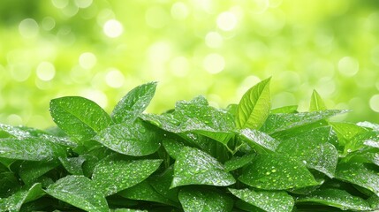 Fresh green leaves with water droplets, nature background