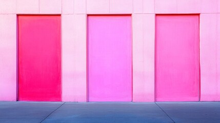 Pink building facade with three doors; urban setting; vibrant colors