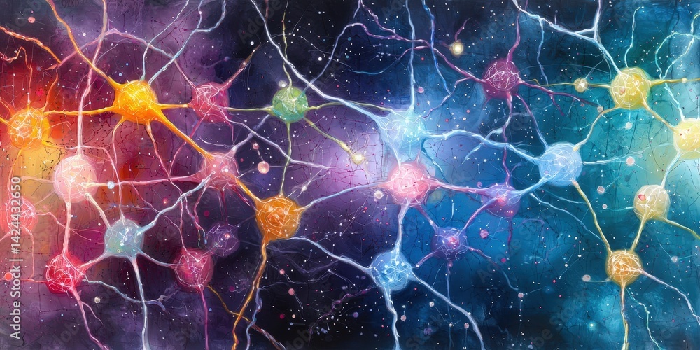 Poster ai-powered neural vision. abstract representation of neural connections in vivid colors against a da