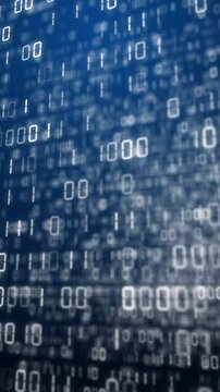Futuristic abstract digital computer code of zeros and ones on a blue background. Tables moving. Blurred looped animation. Vertical video.
