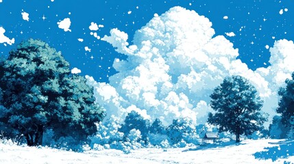 Pixel art winter landscape with puffy clouds