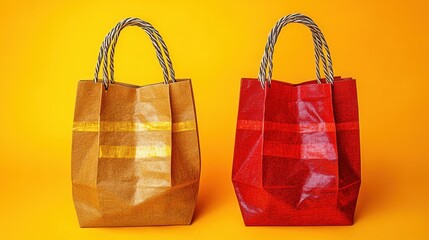 Two colorful shopping bags on vibrant yellow background