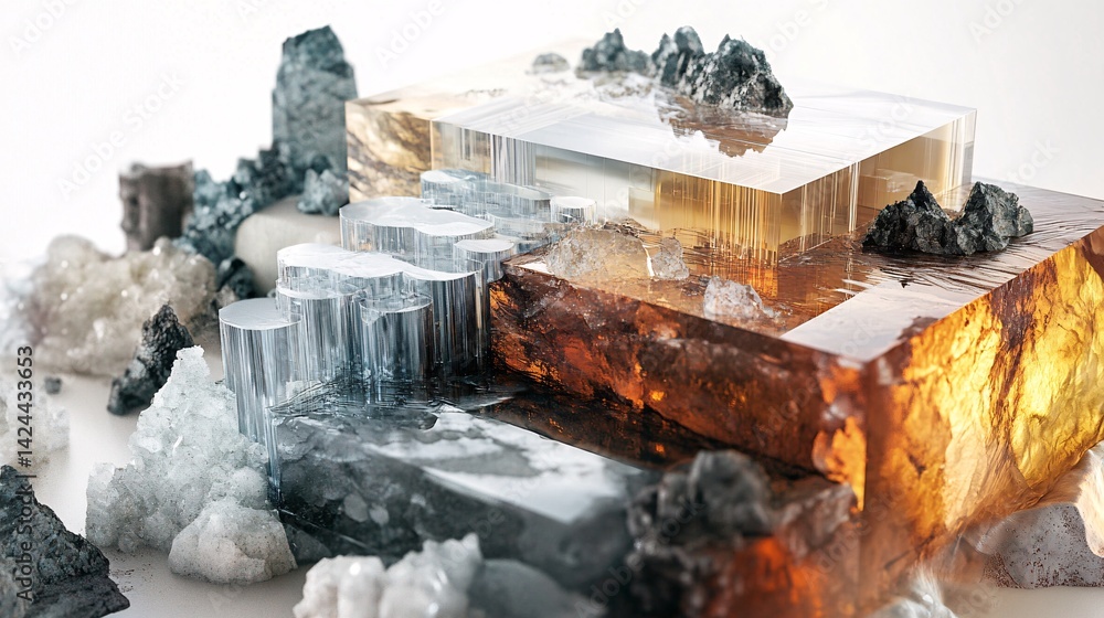 Poster minerals and resin blocks creating an abstract landscape sculpture