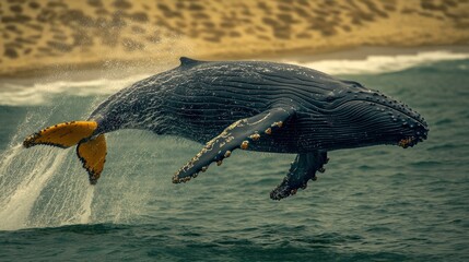 Humpback whale leaping in ocean waves, sandy beach background. Possible use wildlife photography