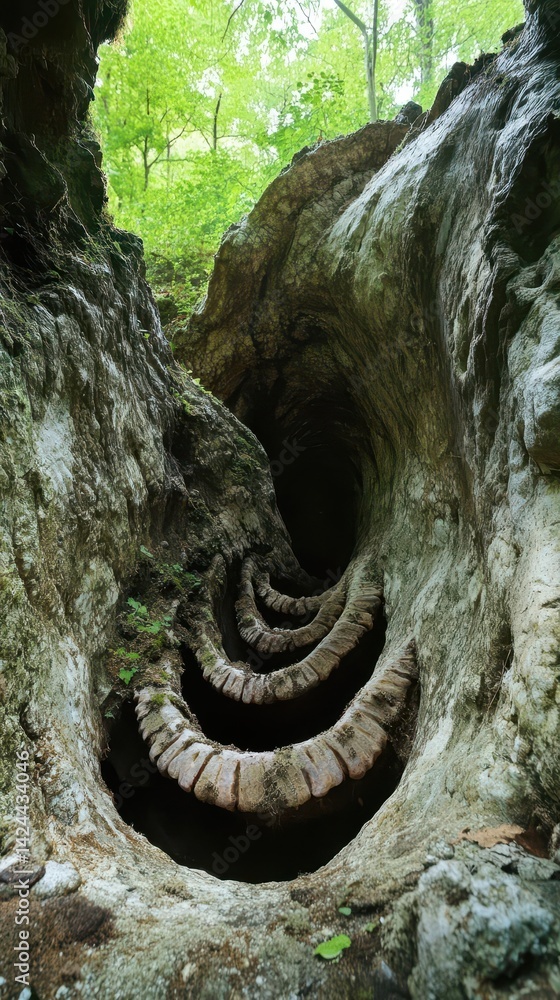 Poster a winding tunnel carved through a massive tree trunk in a forest.
