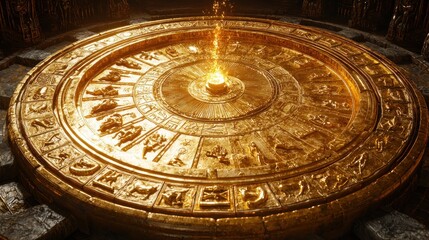 Golden Zodiac Wheel with Engravings and Light in Ancient Temple