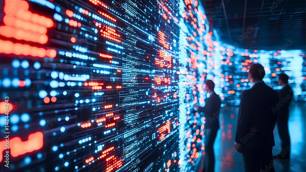 Poster three individuals gazing at a large data display. the display showcases streams of information