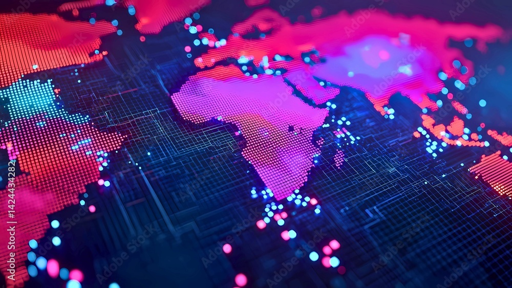 Aufkleber a vibrant world map illuminated with digital connections. a global network of glowing points represe