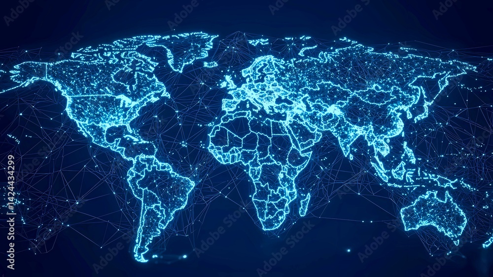 Aufkleber a digital illuminated world map with connecting lines highlighting continents and countries