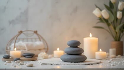 Minimalist Spa Setup – Candles, Zen Stones, and Serene Ambience