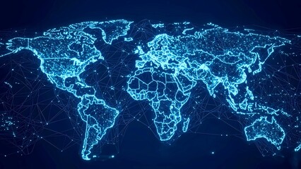 A digital illuminated world map with connecting lines highlighting continents and countries