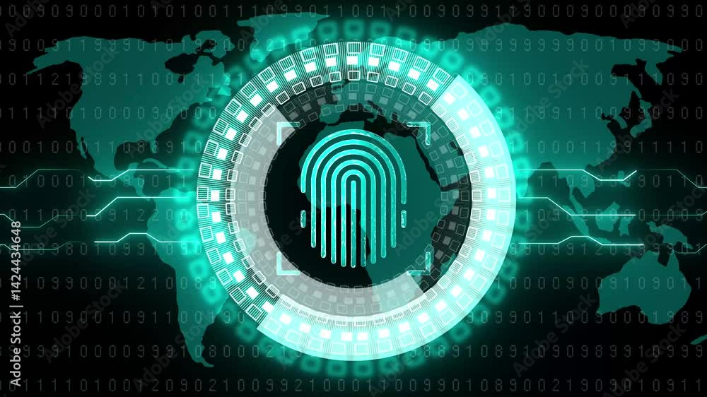 Poster fingerprint cyber biometric id security and identity and privacy symbol abstract digital concept on 